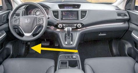 The hood release on a 2016 Honda CR-V is found under the dashboard on the far left-hand side of the drivers area. . 2016 honda crv hood release